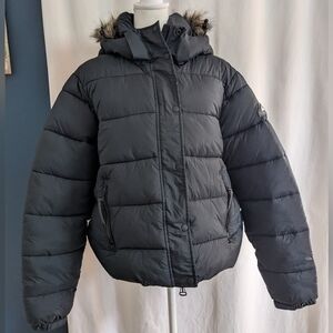 Superdry Black Vintage Hooded Mid Layer Short Coat Hooded Puffer Women's US 12